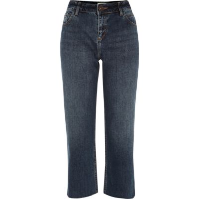 Mid blue wash flared cropped jeans
